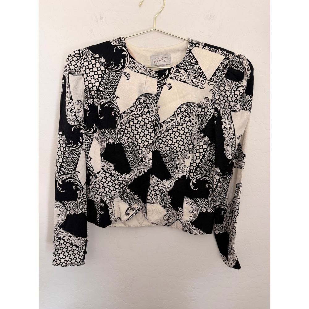 Adrianna Papell Vintage 100% Silk Baroque Geometric Print Jacket Black White 8